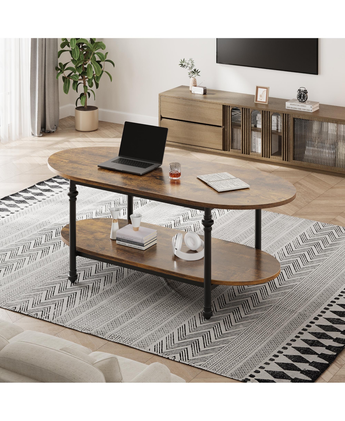 homfan Modern 2-Tier Oval Coffee Table - Fluted Faux Marble Top, Drawer Storage, Metal Frame - Stylish Living Room Center Table for Small Spaces