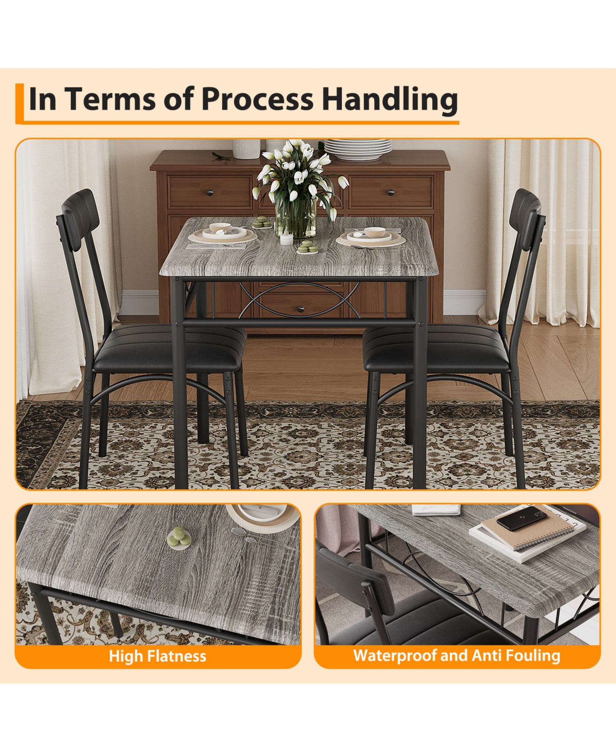 homfan 3-Piece Compact Dining Set, Pu Upholstered Chairs, Industrial Style Engineered Wood Table for Small Home Daily Use
