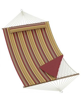 12FEET Double Hammock – Wooden Spreader Bar, Polyester-Cotton Pad, Removable Pillow, 450 LBS, 2-in-1 Outdoor for Garden or Beach