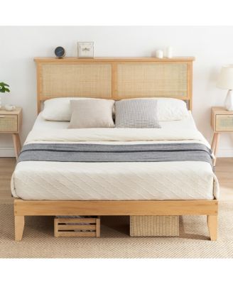 Platform Bed Frame, Modern Rattan Headboard Bed Frame with Led Lights, Farmhouse Mattress Foundation with Wood Slats, No Box Spring Needed