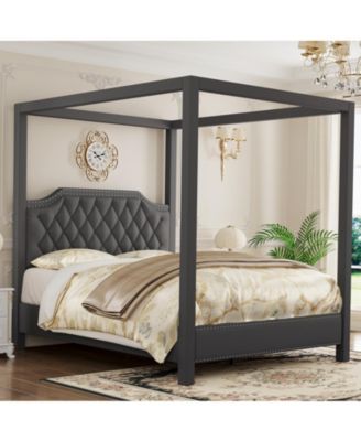 Canopy Bed Frame with Upholstered Headboard, Four Poster Design, and Slide Rail, No Box Spring Required, Wooden Slatted Structure