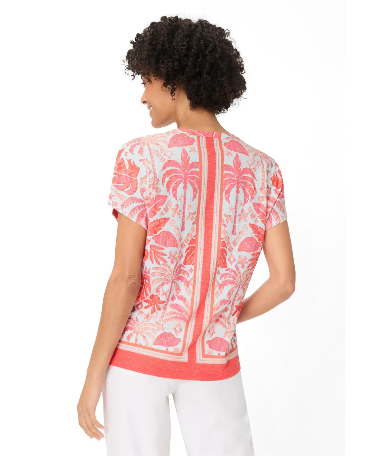 Women's Ornamental Botanic Print Split Neck T-Shirt