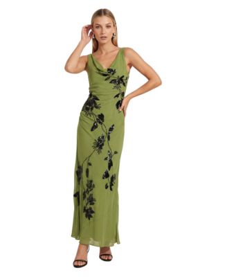 Women's Cowl Embellished Ruched Side Maxi Dress