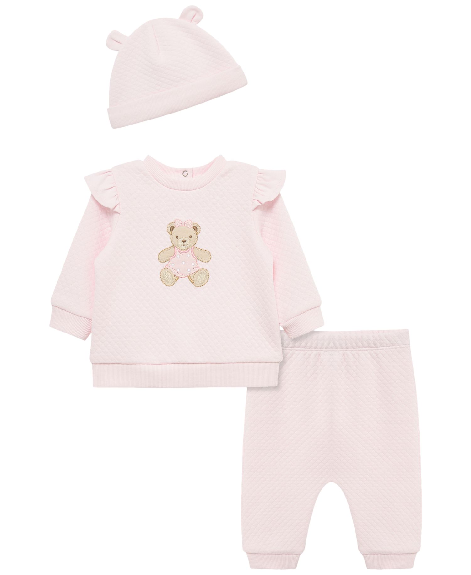 Baby Girls' Dainty Bears Quilt Long-Sleeve Top, Pants and Hat, 3-Piece Set
