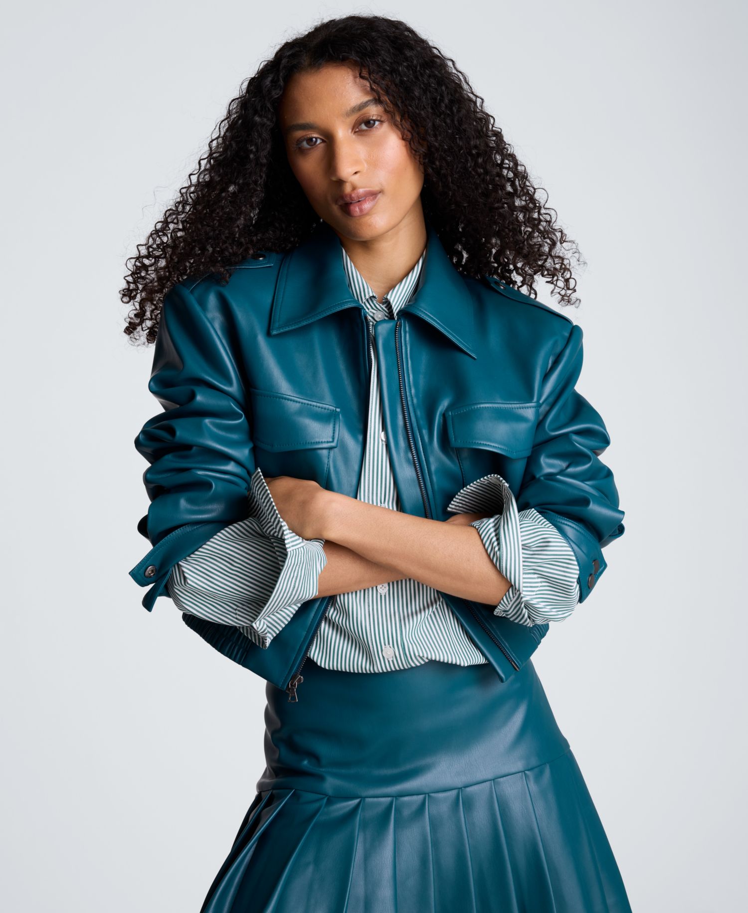Women's Cropped Faux Leather Bomber Jacket
