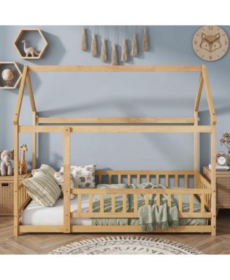 House Floor Wooden Bed with Roof Frame,Safety Guardrails