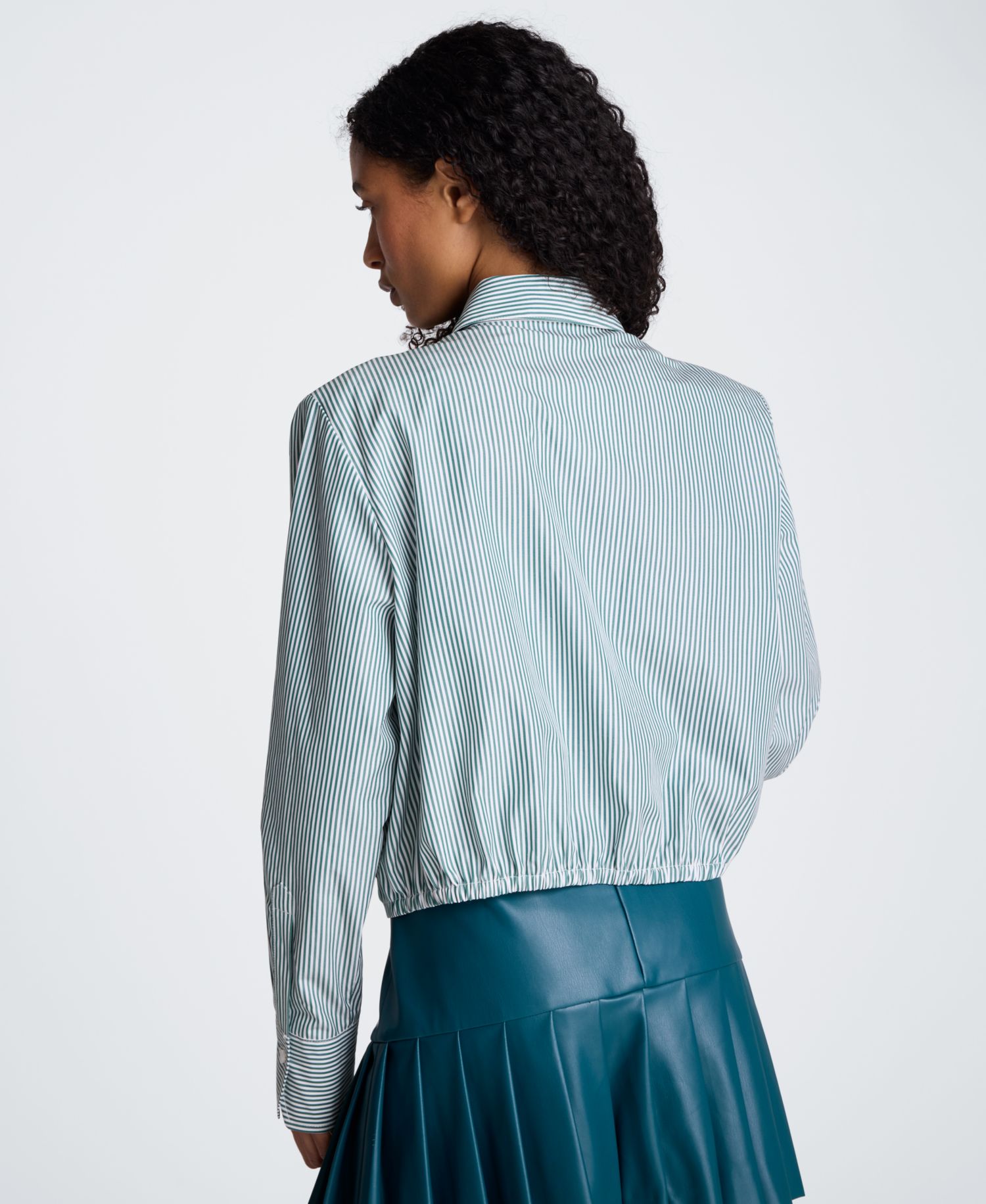 Women's Striped Shoulder Pads Button-Down Crop Shirt