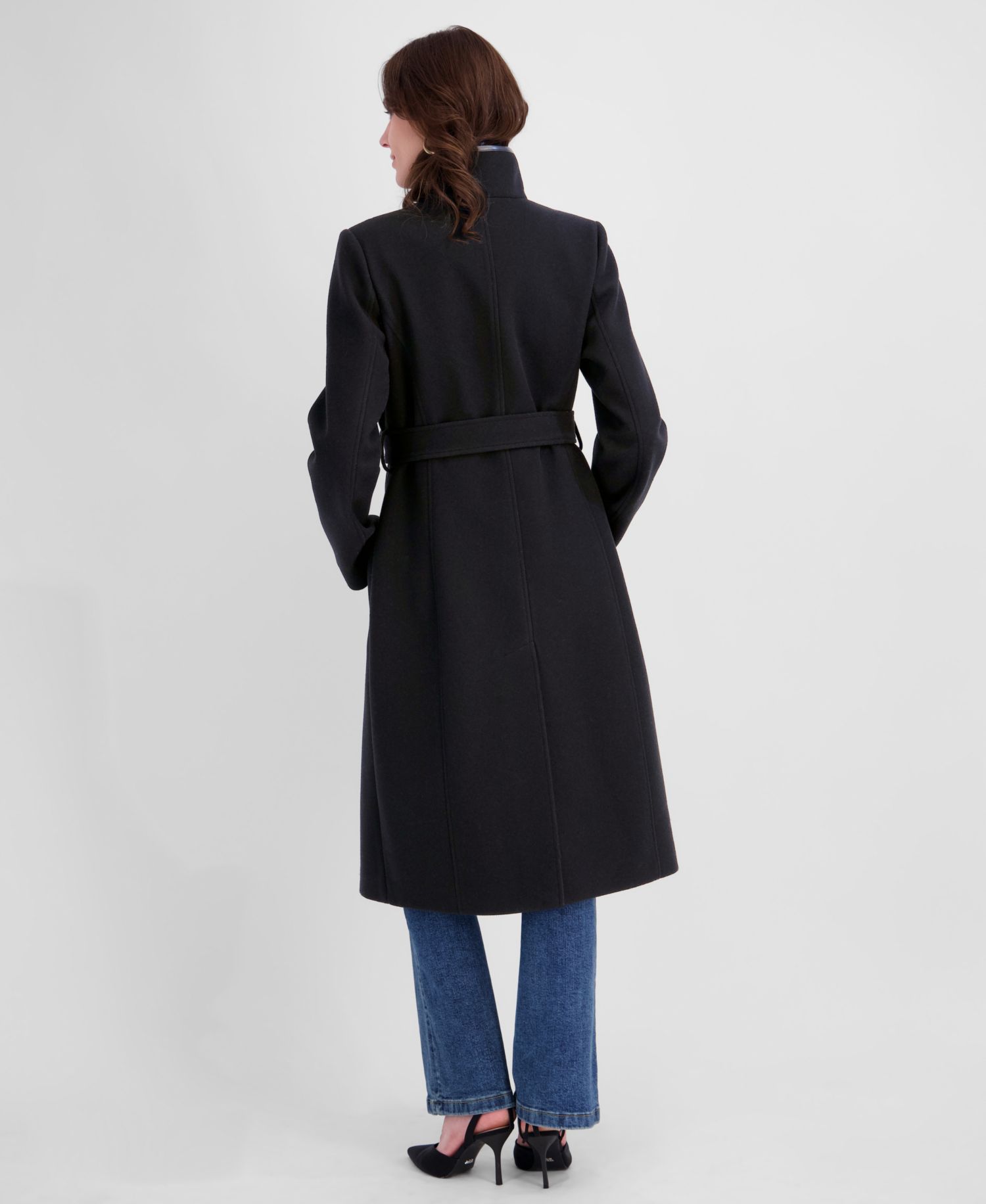 Women's Belted Faux-Leather Trimmed Funnel Neck Coat