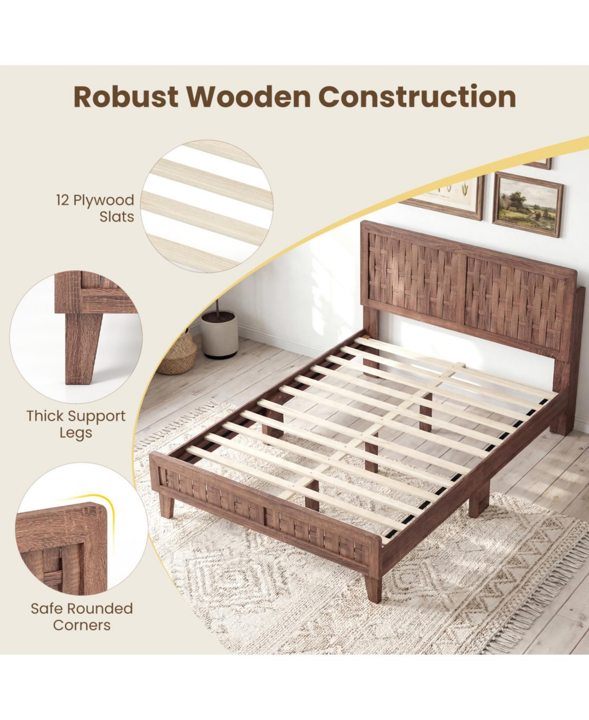 Slickblue Platform Bed Frame Mid Century Style with Woven Accent Headboard