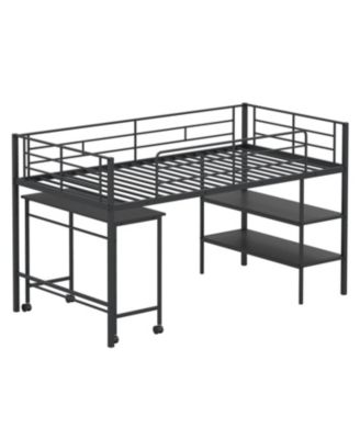 Twin Loft Bed Frame with Rolling Desk and Built-In Bookshelf Storage
