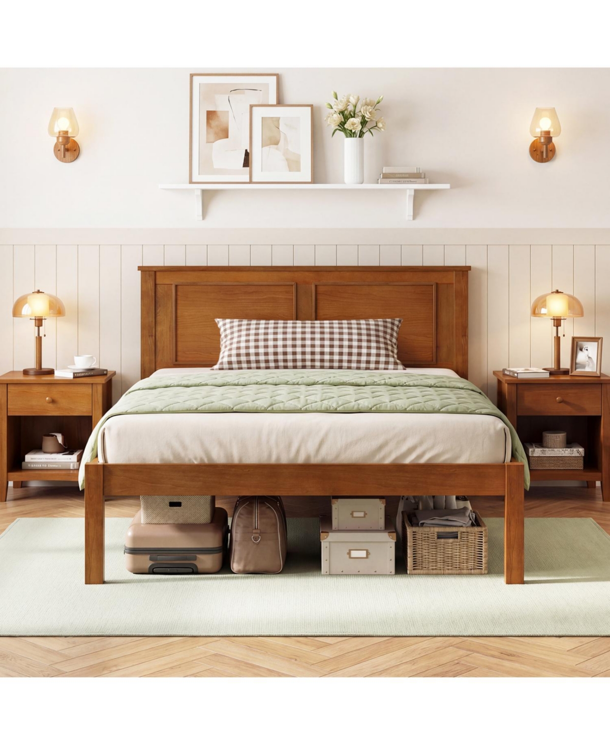 Slickblue Wooden Farmhouse Bed Frame with Platform Headboard