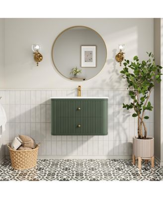 30" Wall-Mounted Bathroom Vanity with Acrylic Sink, Soft Close Drawers, Striped Cabinet, Two Handle Options, Pre-assembled