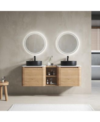 59 Inch Wall Mounted Double Bathroom Vanity with Stone Countertop, Ceramic Vessel Sinks, Storage Shelves for Modern Homes