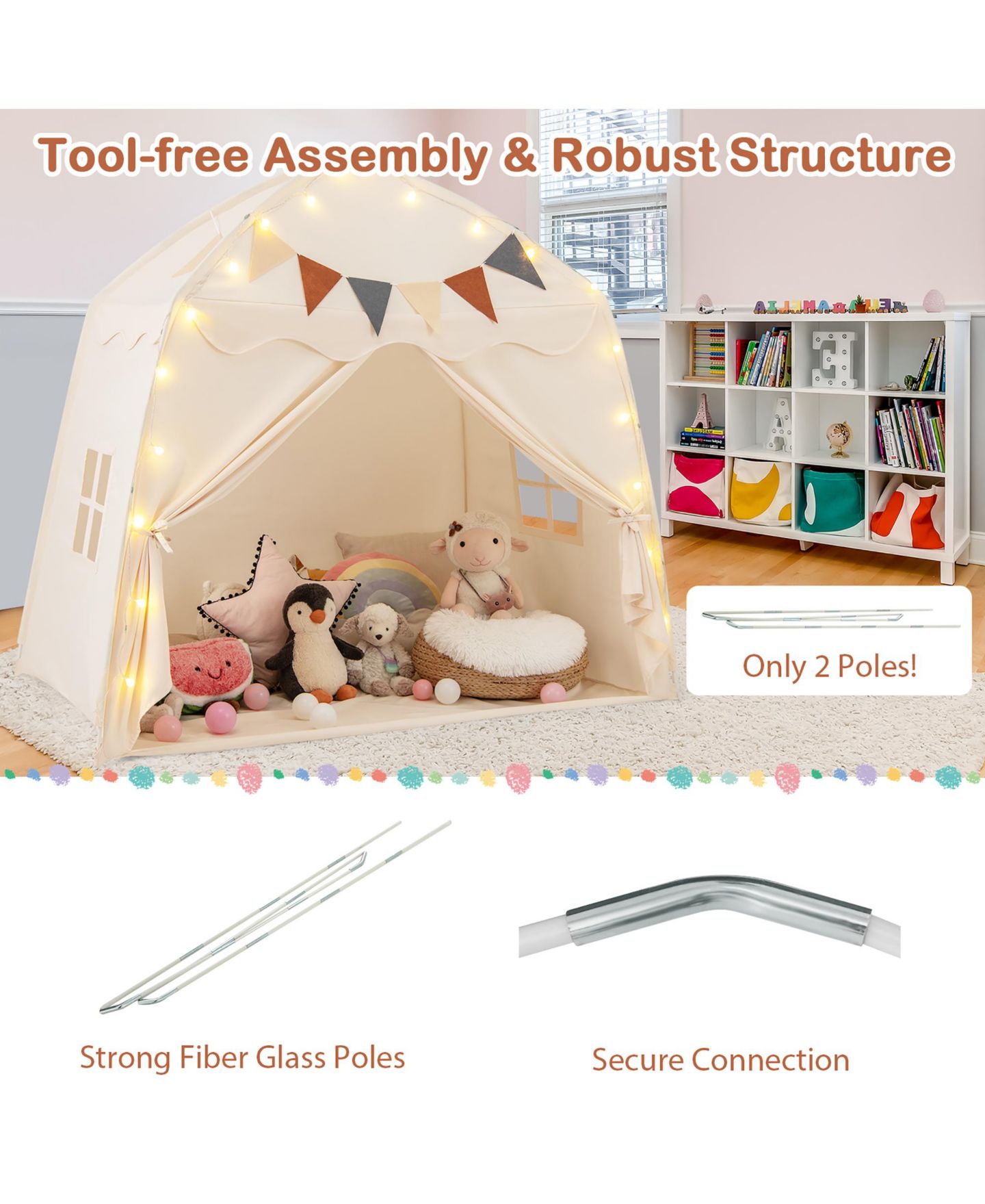 Детская игрушка Gymax Kids Play Tent With Globe String Lights and Flags, Ages 3-12, цвет: Светлый бежевый — фото 8