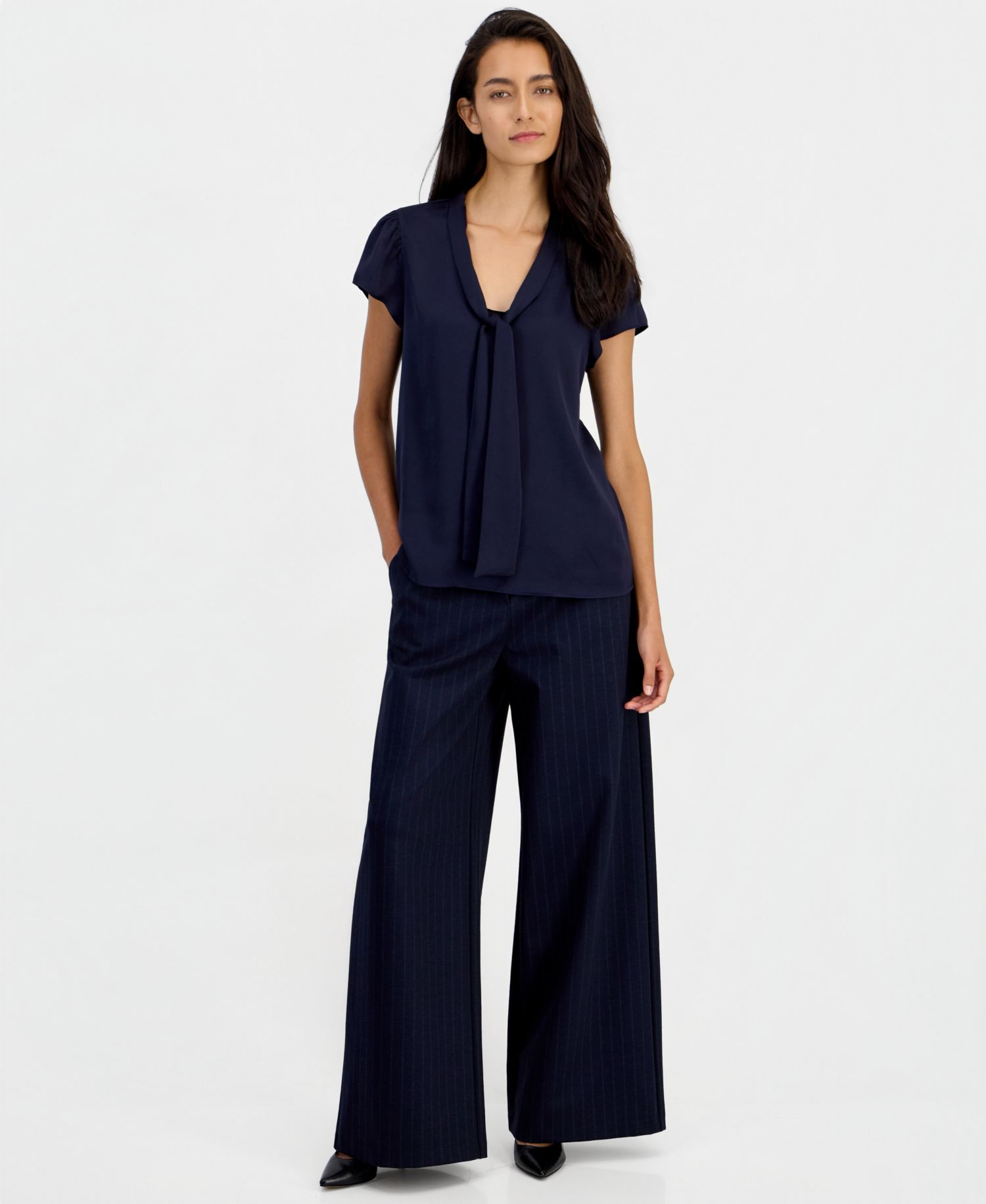 Women's Satin Tie-Neck Flutter-Sleeve Short-Sleeve Blouse