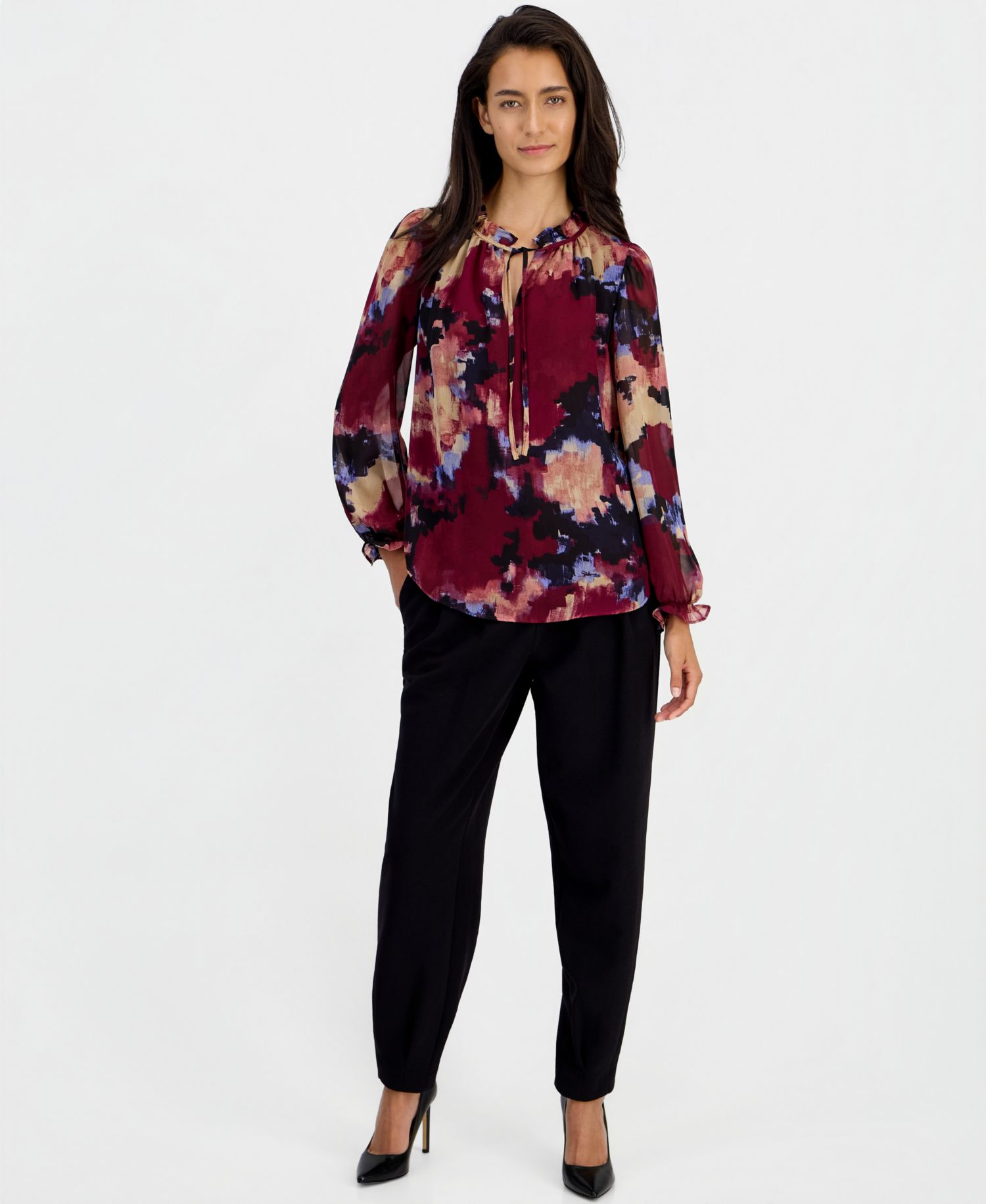 Women's Ruffle Tie Neck Long-Sleeve V-Neck Blouse