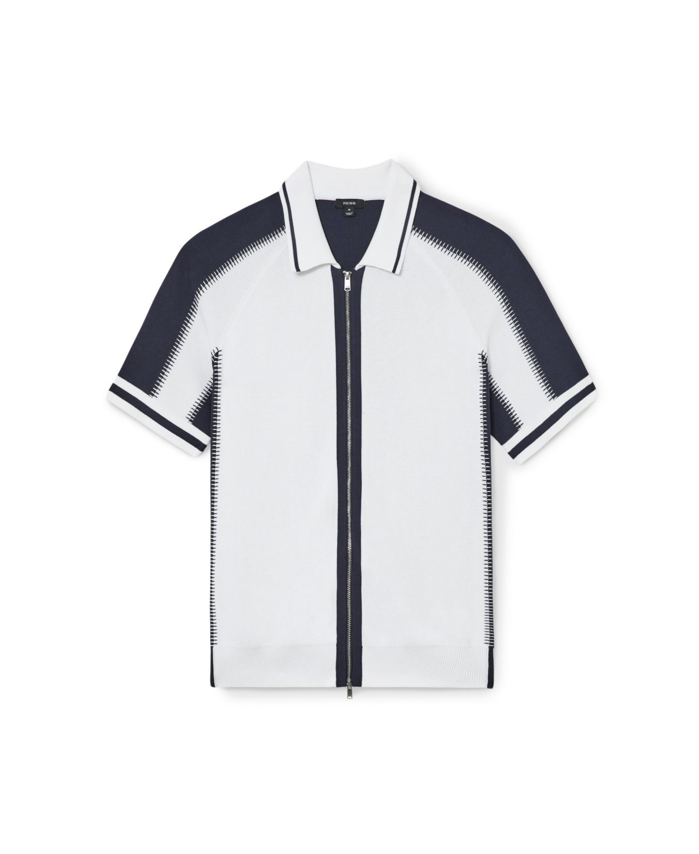 Мужская рубашка REISS Kenley Zip Through Color Block Knit, цвет: Белый / Тёмно-синий — фото 4