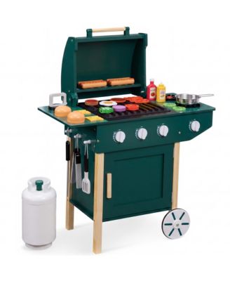 Kids Wooden BBQ Grill Playset with 28 Accessories, Pretend Outdoor Kitchen Toy with Storage