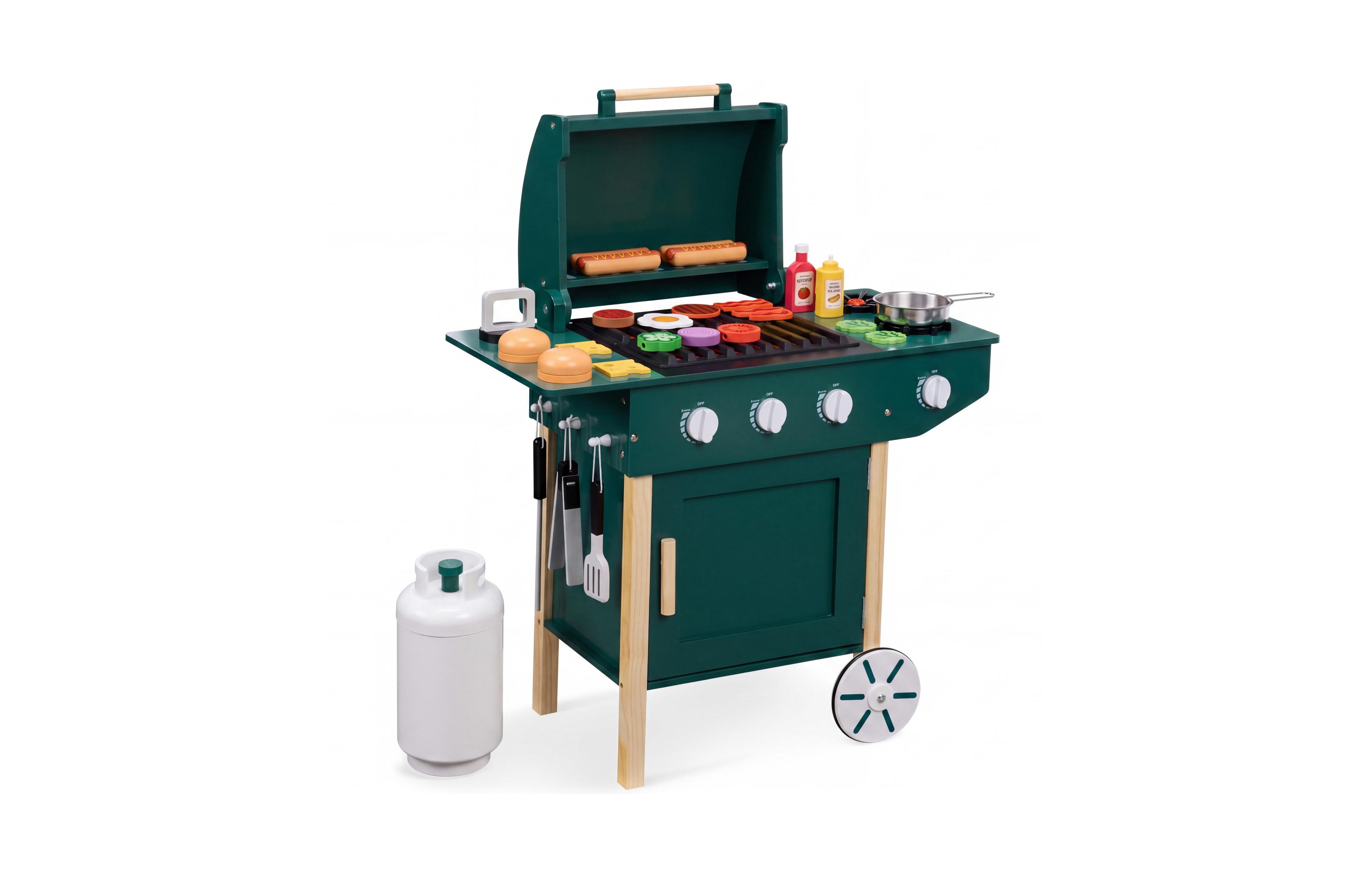 Best Choice Products Kids Wooden Bbq Grill Playset with 28 Accessories, Pretend Outdoor Kitchen Toy with Storage