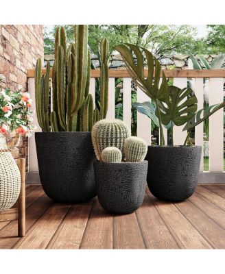  3-Piece Lightweight MGO Round Crackle Stone Planter Set with Drainage