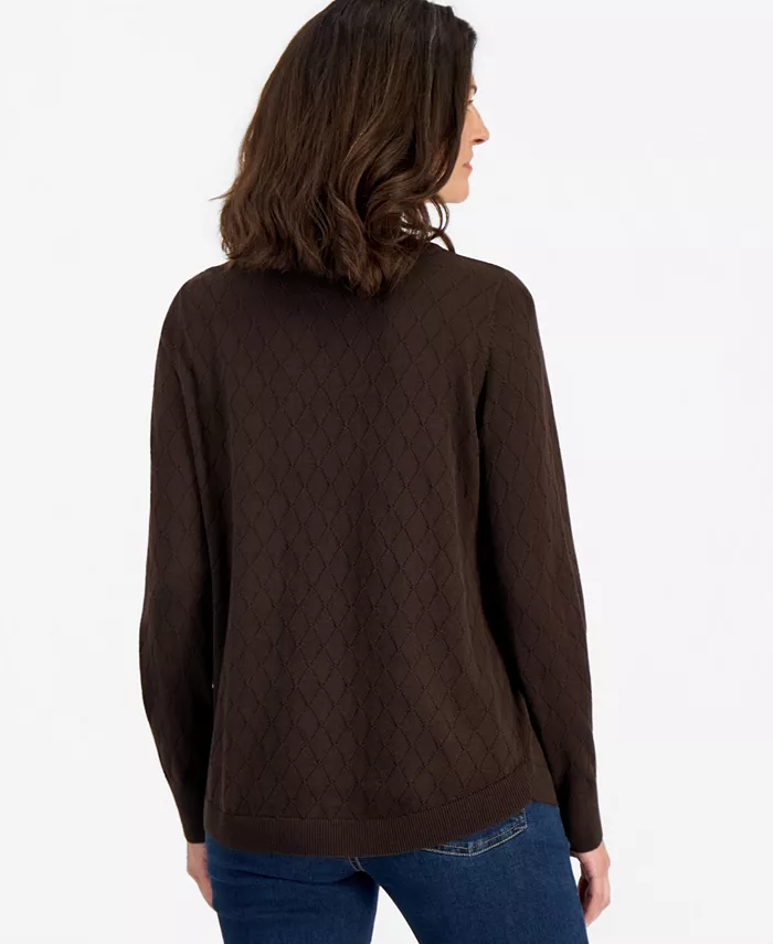 Petite Solid Curved Hem Crew Long-Sleeve Mixed-Textured Stitch Sweater - thumbnail 9