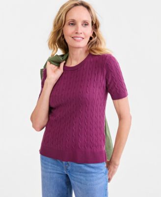Petite Fg Ss Cable Crewneck Short Sleeve Sweater