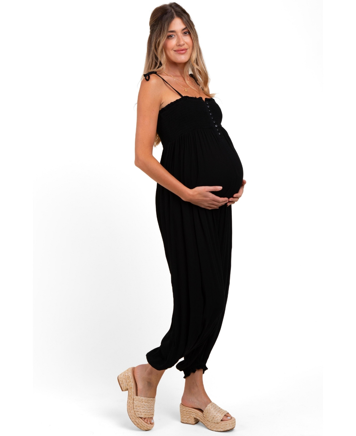 Pinkblush Maternity Black Smocked Button Front Shoulder Tie Jumpsuit