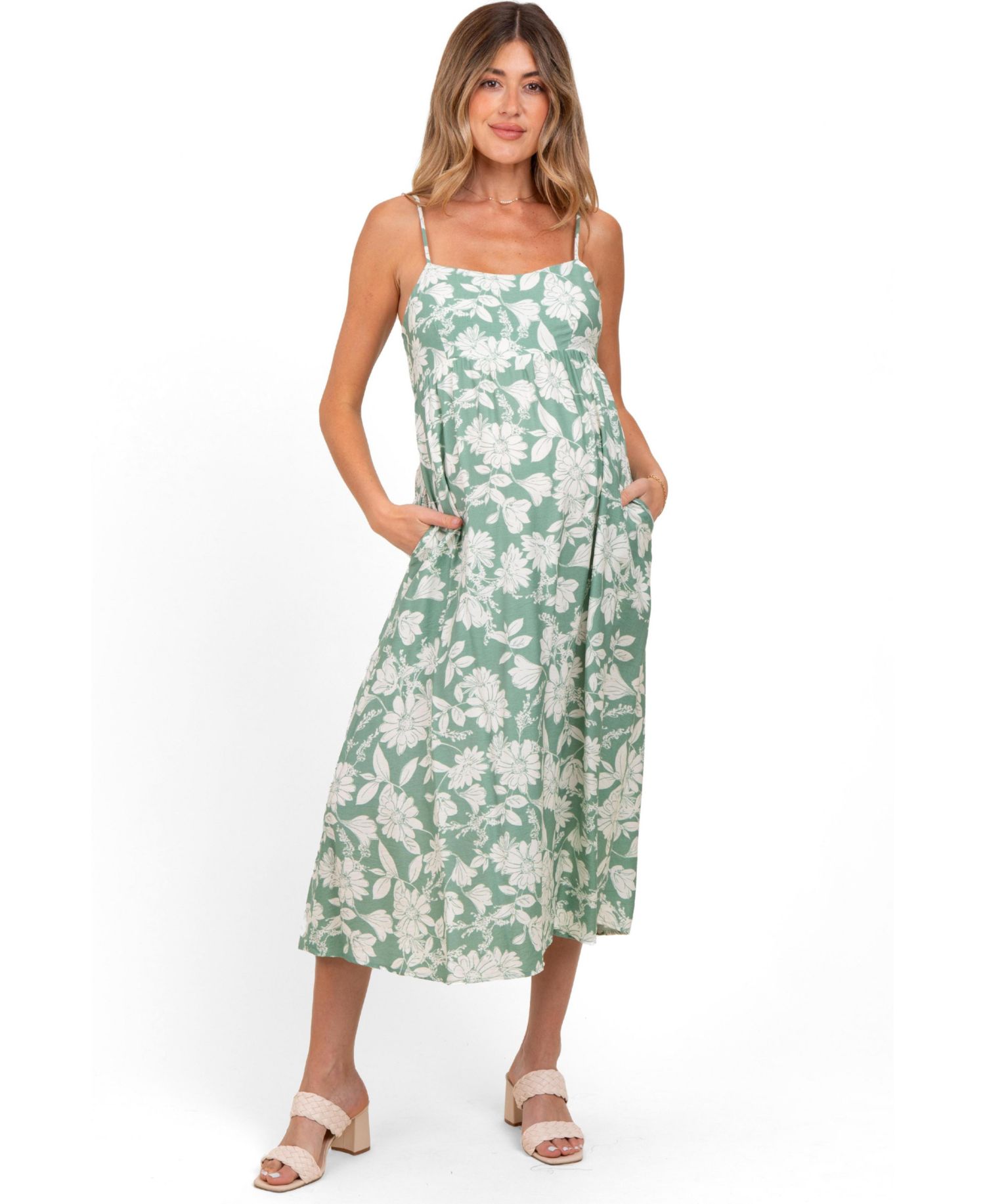 Women's Light Olive Floral Sleeveless Midi Dress