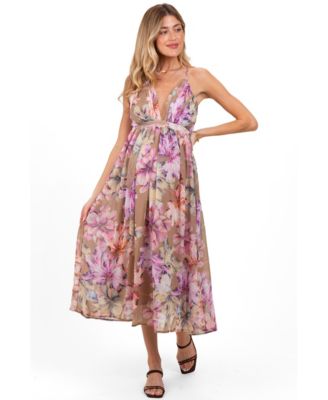 Maternity Tan Floral Open Back Midi Dress