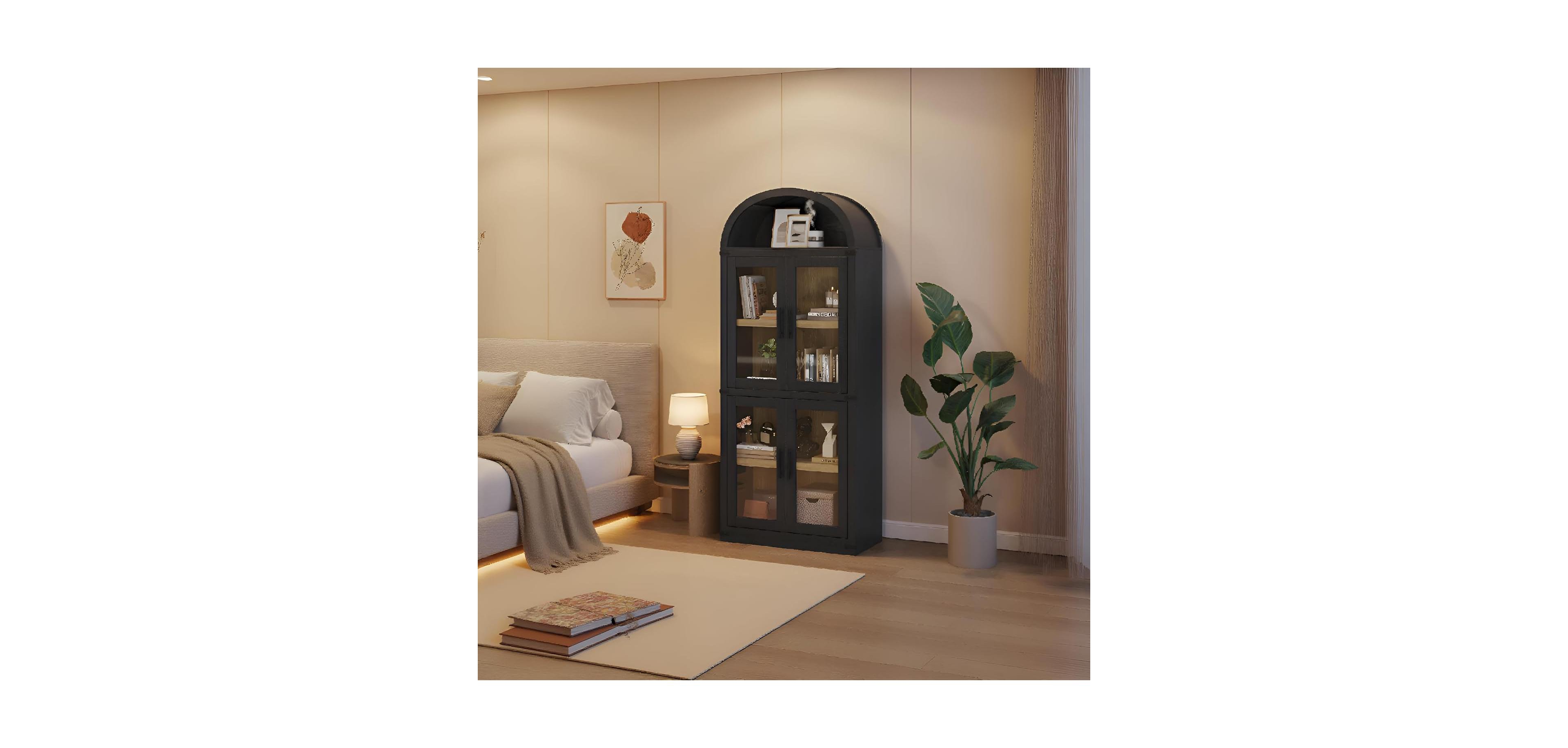 gaomon 6-Shelf Bookcase with Glass Doors, Modern Wooden Display Cabinet for Storage