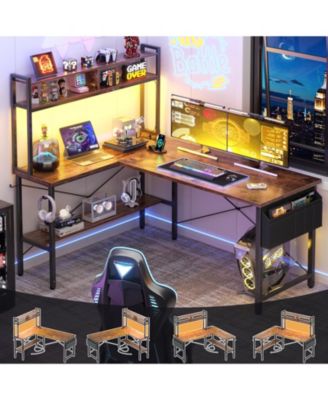 Reversible L Shaped Gaming Desk with Power Outlet and LED Lights, Corner Desk with Hutch and Monitor Stand