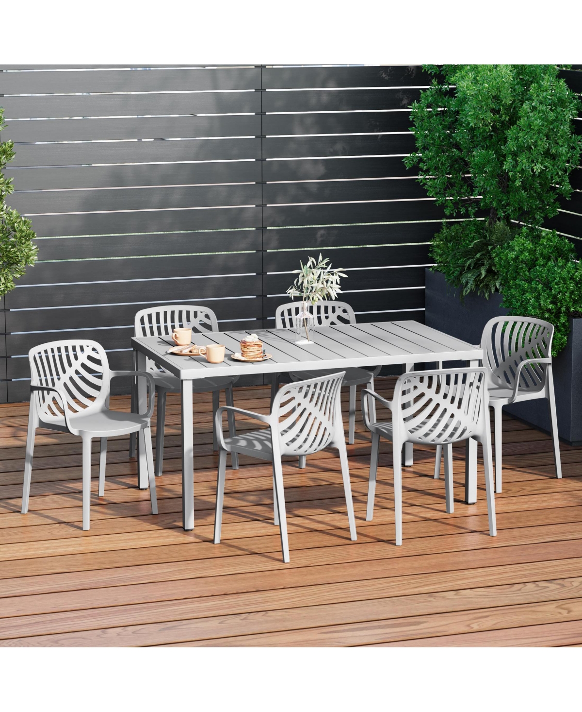 7-Piece Outdoor Metal Rectangle Patio Dining Table Set With Stackable Resin Chairs