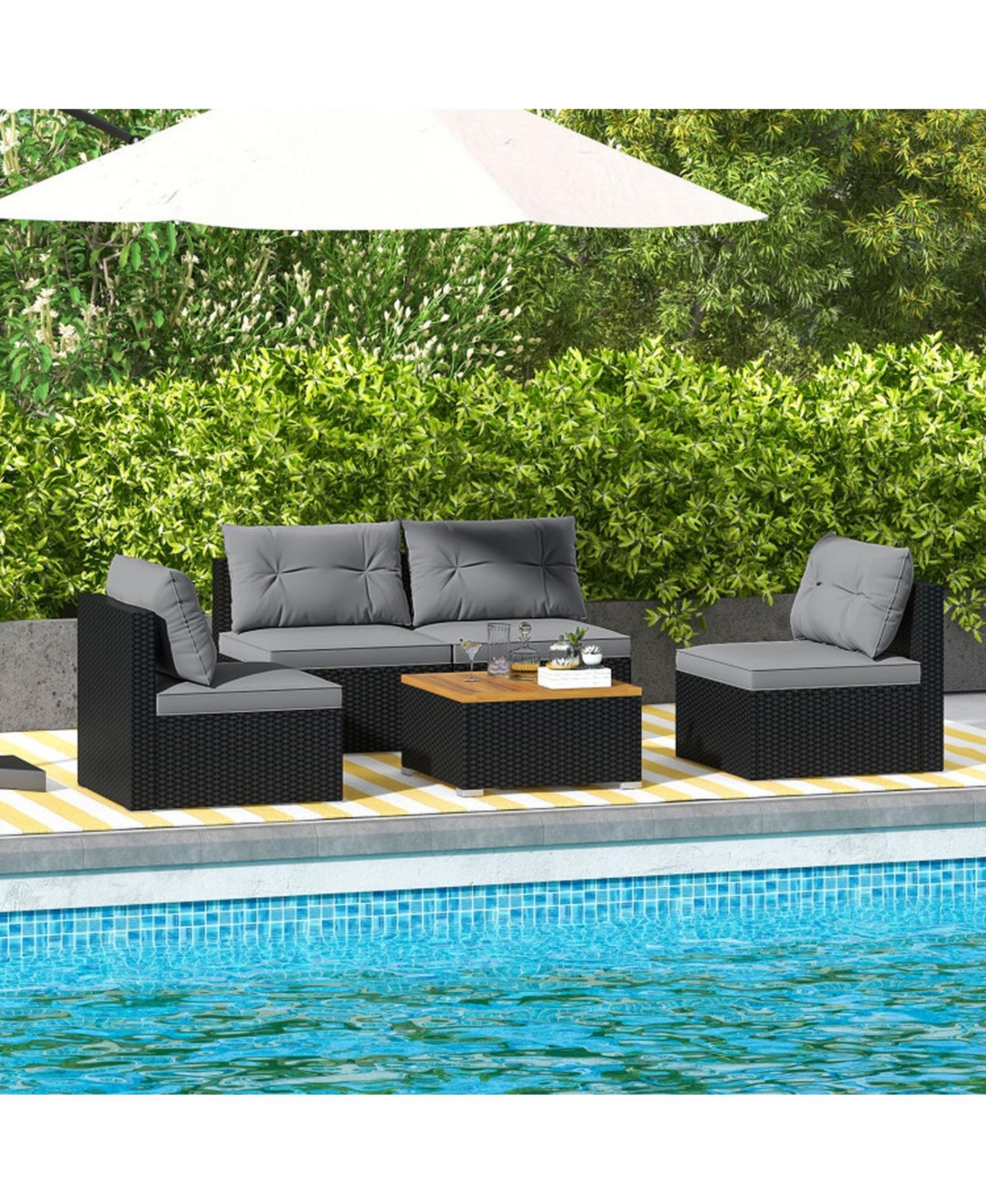 Gouun 5-Piece Pe Rattan Conversation Set with Acacia Wood Table and Cushions