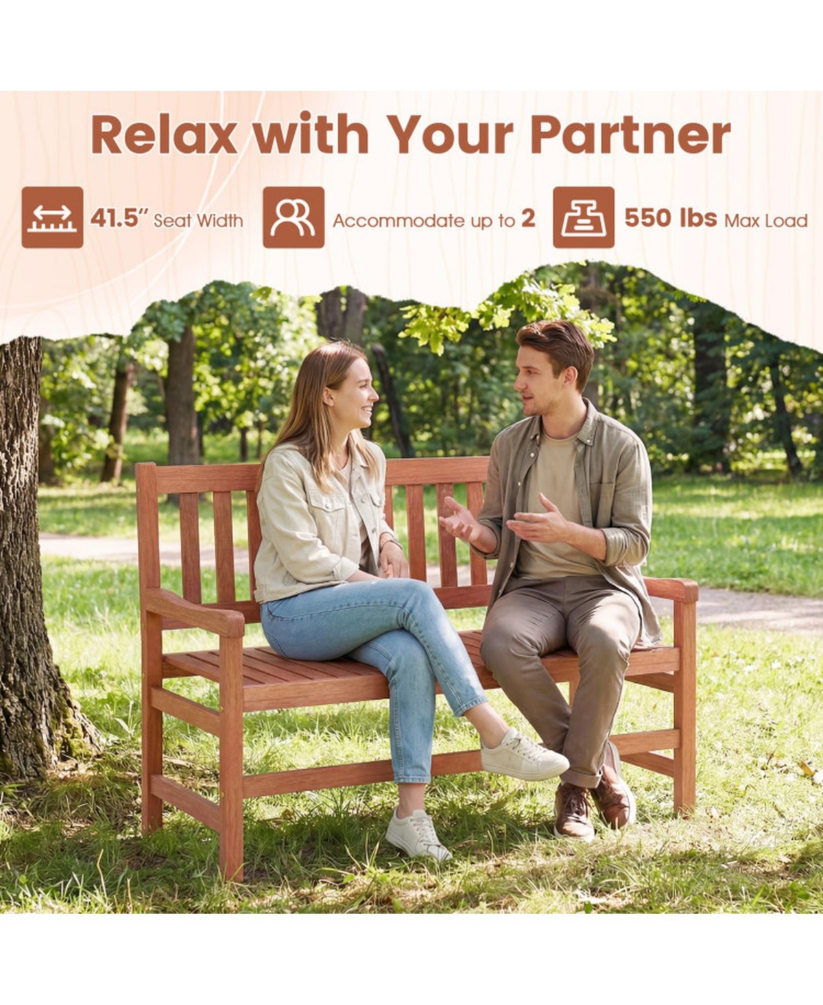 Gouun 44 In 2-Seat Outdoor Loveseat Bench with Inclined Backrest Solid Wood Build