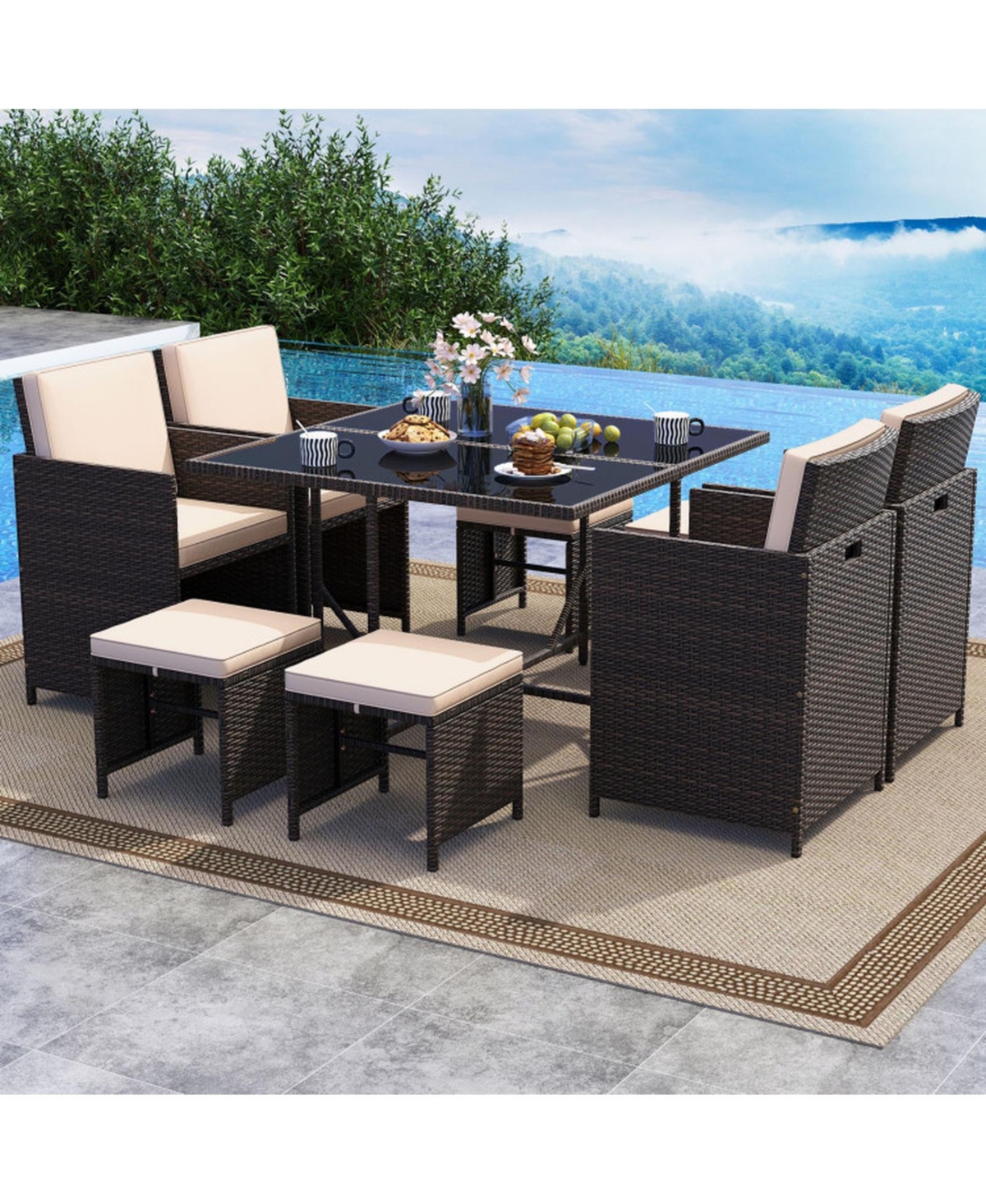 Sugift 9-Piece Rattan Patio Dining Set with Tempered Glass Table and Ottomans