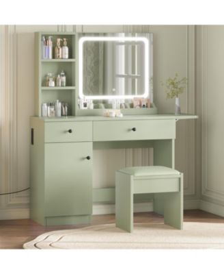 Vanity Desk with Mirror and Light, Makeup Vanity Table with Charging Station, Large Storage Cabinet and 2 Drawers and 3 Open Shelves