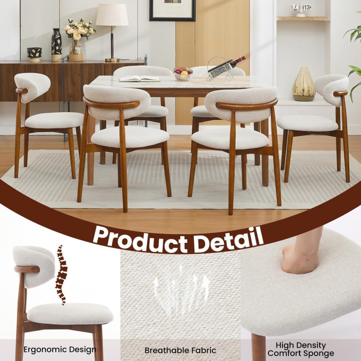 gaomon Mid Century Modern Wooden Dining Chairs Set, Fabric Upholstered Ergonomic Dining Room and Kitchen Seating