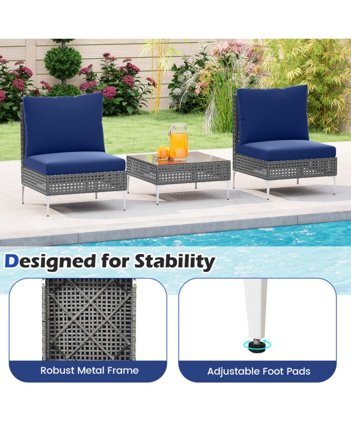 Gouun 3-Piece Pe Rattan Conversation Chair Set with Tempered Glass Coffee Table