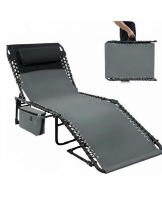 5-Position Adjustable Outdoor Chaise Lounge Chair with Pillow and Side Pocket Collapsible, Portable Patio Recliner