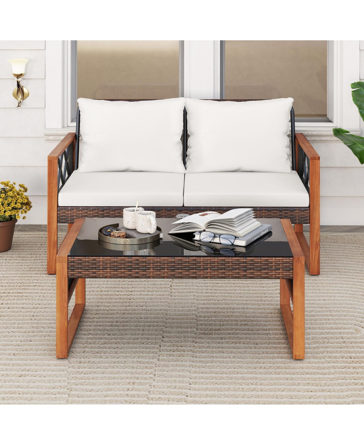 Sugift 2-Piece Acacia Wood and Pe Wicker Patio Loveseat with Coffee Table