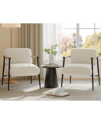 Set of 2 Modern Accent Chairs - Cozy Reading Chair with Metal Frame, Soft Cushion and Wood Armrest for Bedroom and Living Room