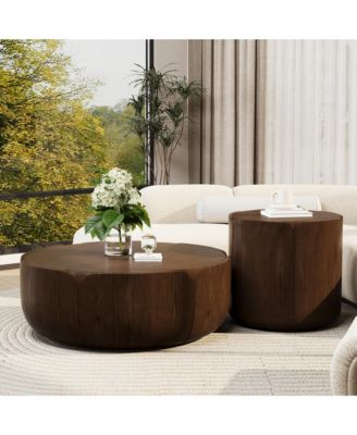 Round Outdoor Indoor Coffee Table Set, Modern Wood Grain Drum Center Table of 2