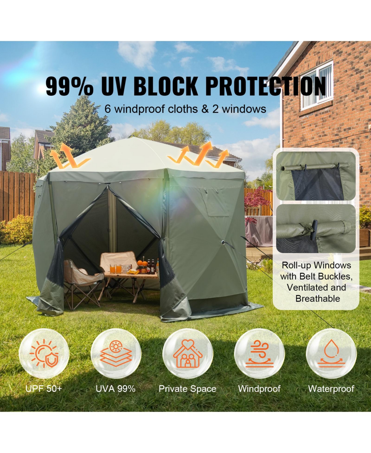 Vevor Pop-up Camping Gazebo Camping Canopy Shelter 6 Sided Sun Shade