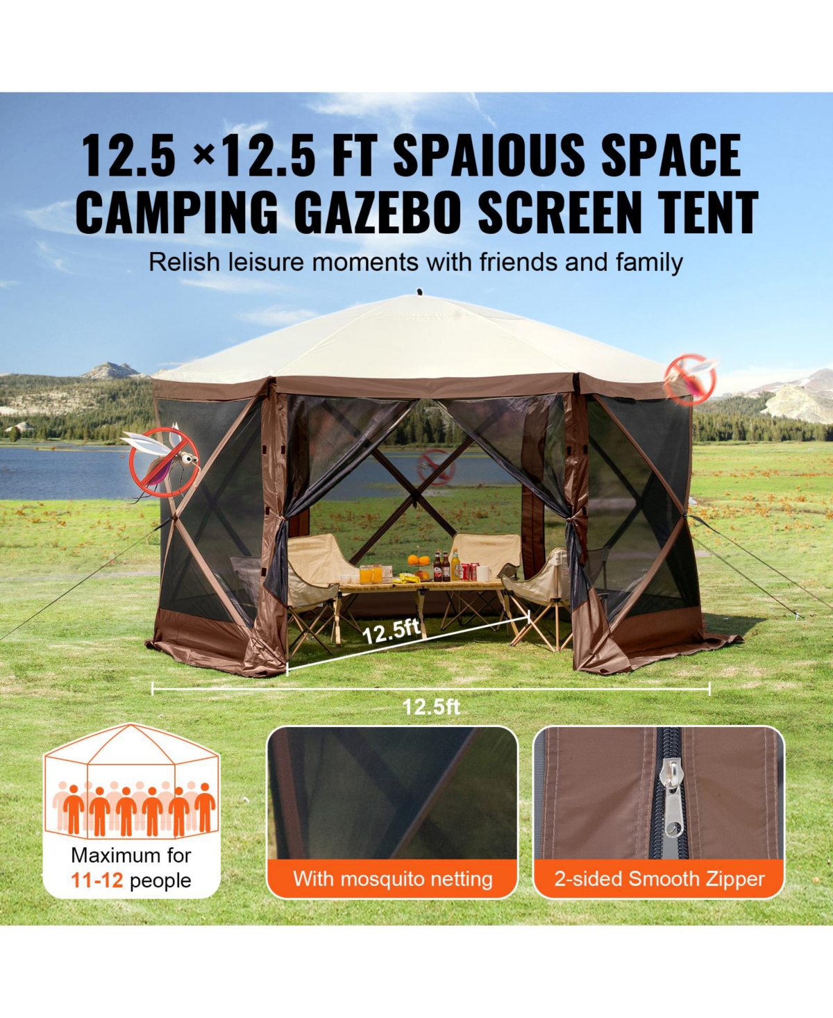 Vevor Pop-up Camping Gazebo Canopy Shelter 6 Sided Sun Shade