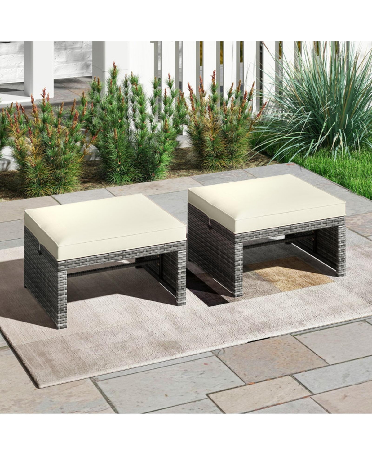 Gouun Set of 2 Pe Rattan Outdoor Ottomans with Zippered Cushions and 400 lbs Capacity