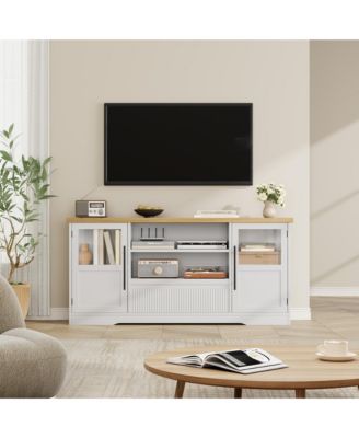 Mid-Century Modern TV Stand for 75" TVs, Wave-Textured Media Console with 2 Glass Cabinets, Open Shelves and Cable Management