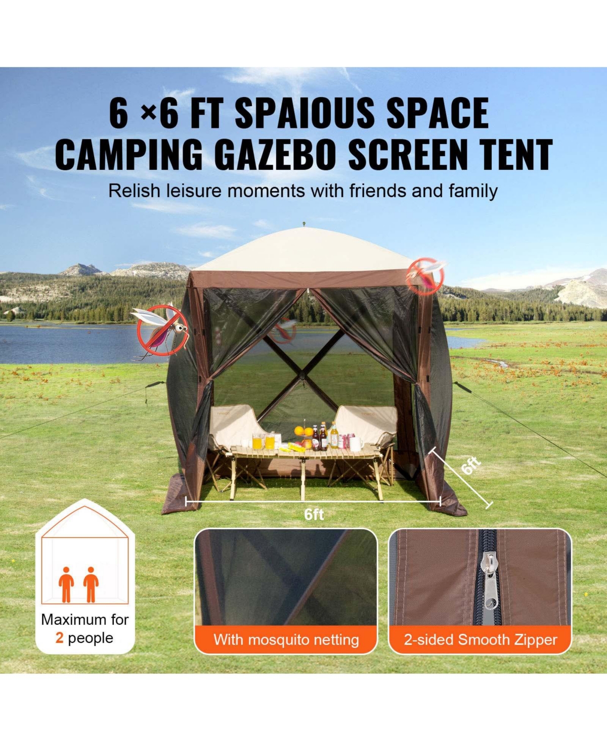 Vevor Pop Up Gazebo Tent Pop-Up Screen Tent 4 Sided Canopy Sun Shelter Brown