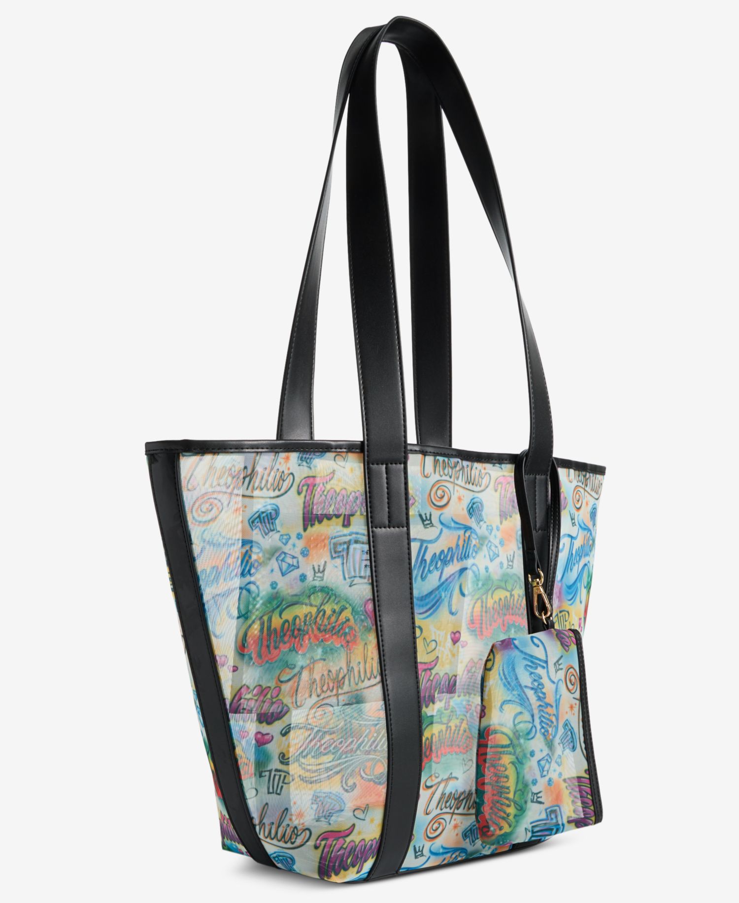 Graffiti Print Mesh Tote Bag & Removable Pouch Set