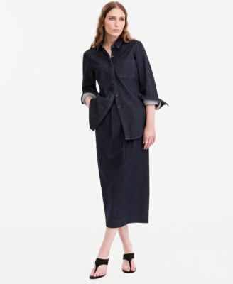 Women's Denim Long-Sleeve Button-Up Shirt & Denim Pencil Midi Skirt 