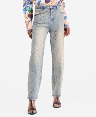 Women's High-Rise Straight-Leg Rhinestone Denim Jeans